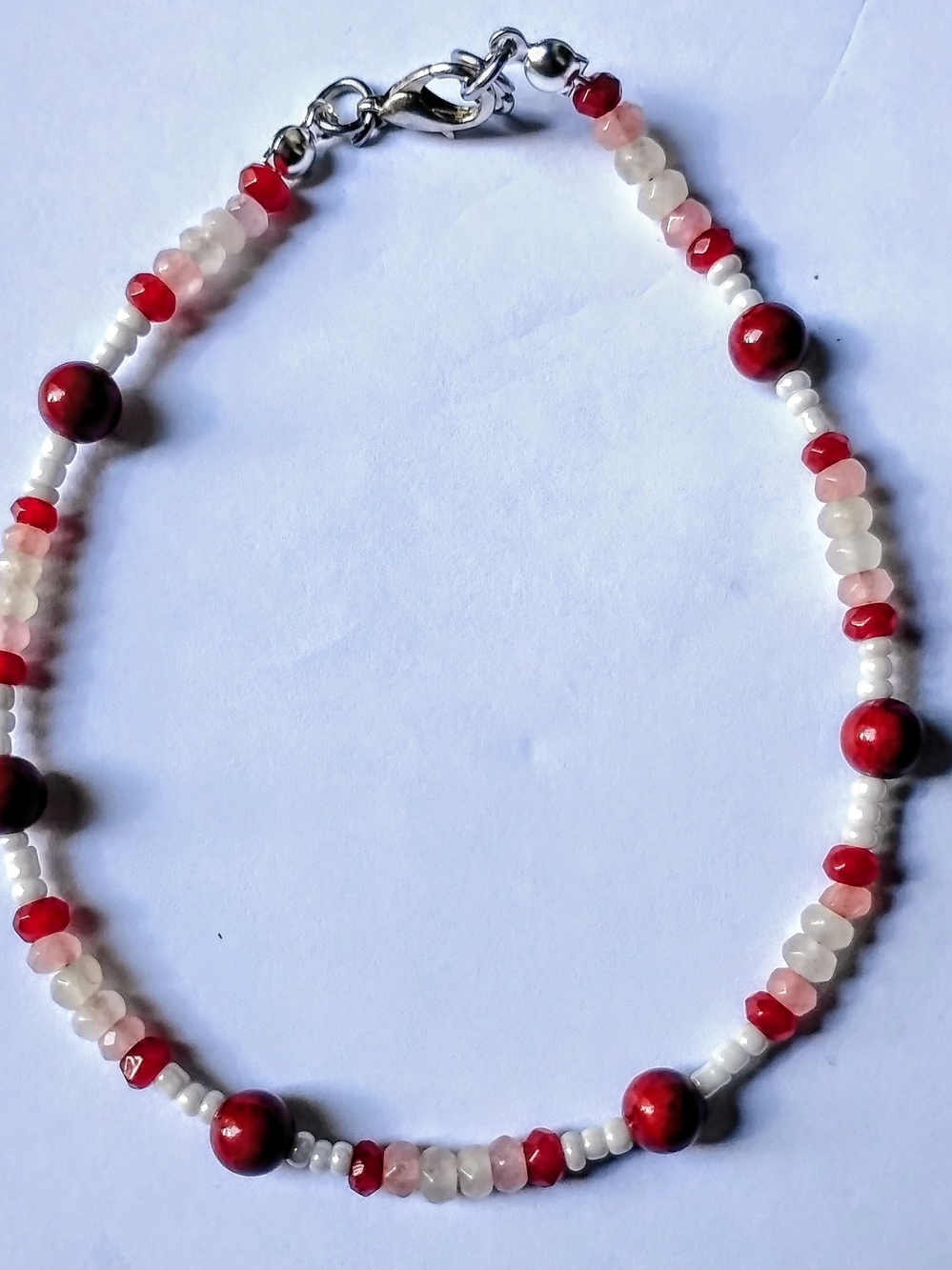 Handcrafted Natural Purple, Rose & Mauve Crystal Quartz w/ Red & Cream Anklet